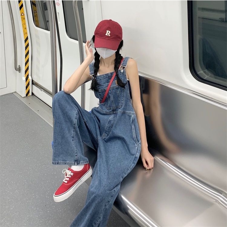 Quần Yếm Denim Dáng Rộng Thiết Kế Mới Thời Trang Theo Phong Cách Hàn Quốc Cho Nữ