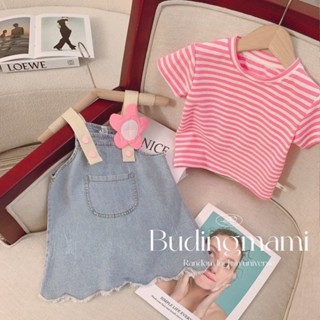  Set Yếm Jeans Denim Cho Bé Gái Set Yếm Đính Kèm Hoa + Áo Thun Kẻ Ngang Màu Hồng Thời Trang Cho Bé Gái 