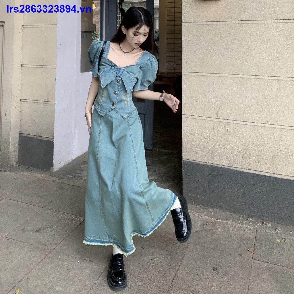 Áo Sơ Mi denim Tay Ngắn Cổ Vuông + Chân Váy Dài Thời Trang Cho Nữ se