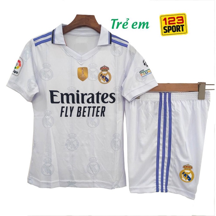 Bộ áo bóng đá Real Madrid trắng có cổ trẻ em