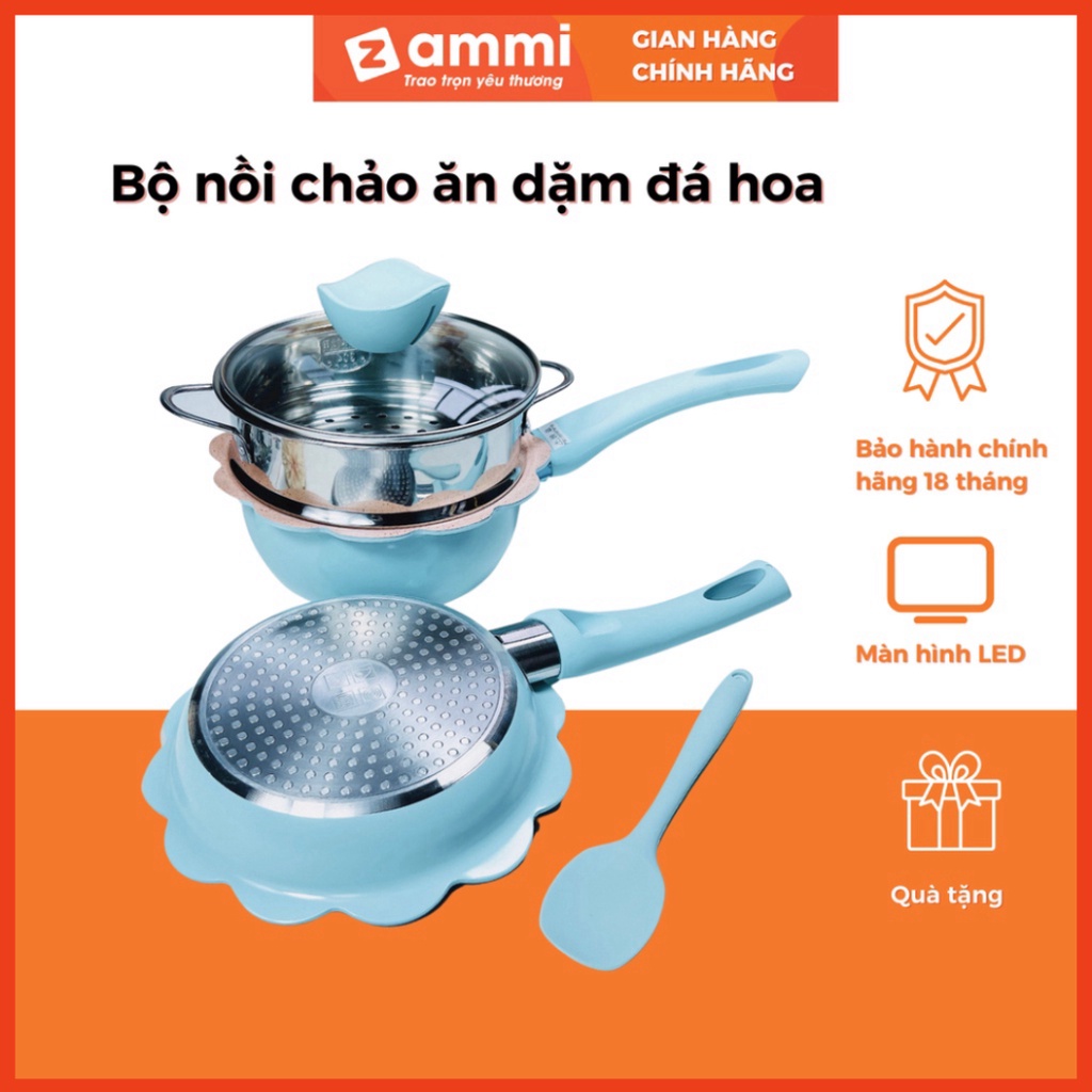 Bộ nồi, chảo đá hình hoa cho bé ăn dặm cao cấp chống dính có xửng hấp giúp chế biến thức ăn cho bé ăn dặm dễ dàng Zammi