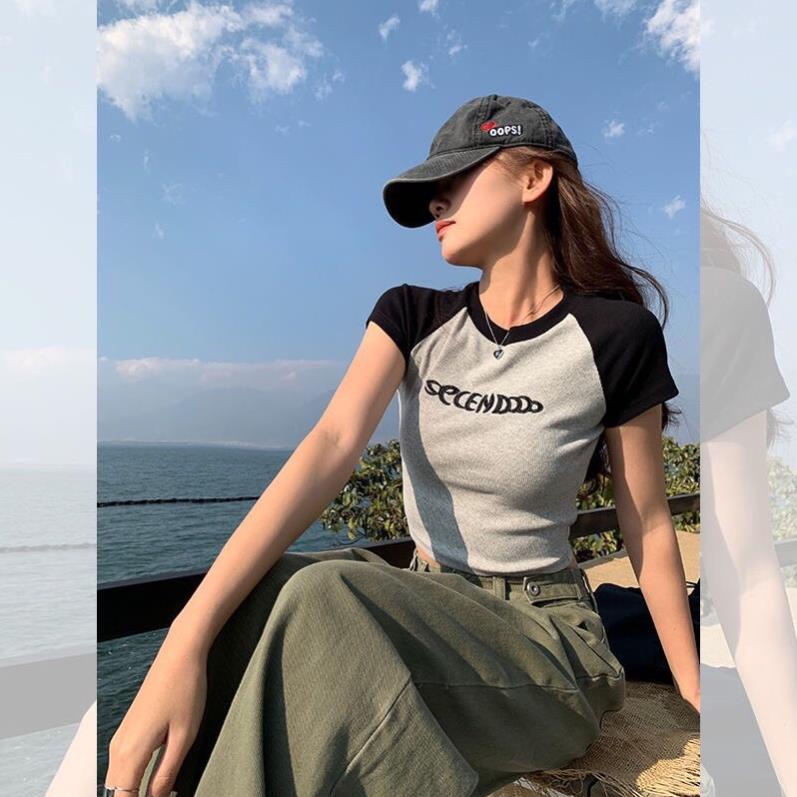 [Hàng Hot] Áo Croptop Tay Ngắn Nữ Thêu Chữ SECEN Ôm Body ❤️Áo Thun Ngắn Phối Viền Tay Siêu Đẹp
