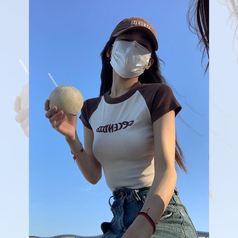 [Hàng Hot] Áo Croptop Tay Ngắn Nữ Thêu Chữ SECEN Ôm Body ❤️Áo Thun Ngắn Phối Viền Tay Siêu Đẹp