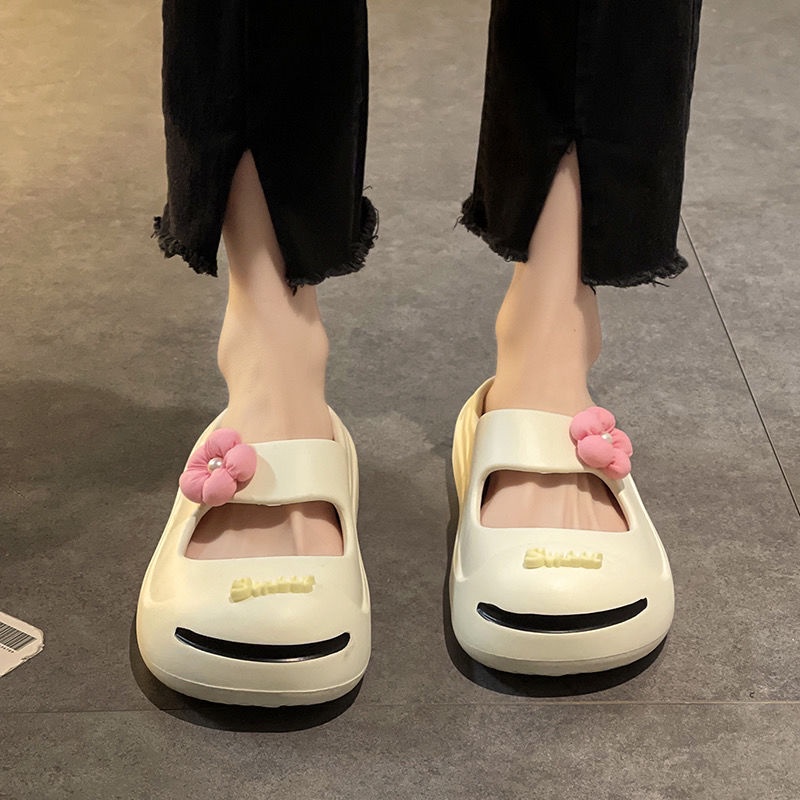 Dép Đi Biển Đế Dày Mềm Mại Thiết Kế Đục Lỗ Hình Mặt Cười Thời Trang Mùa Hè Cho Nữ