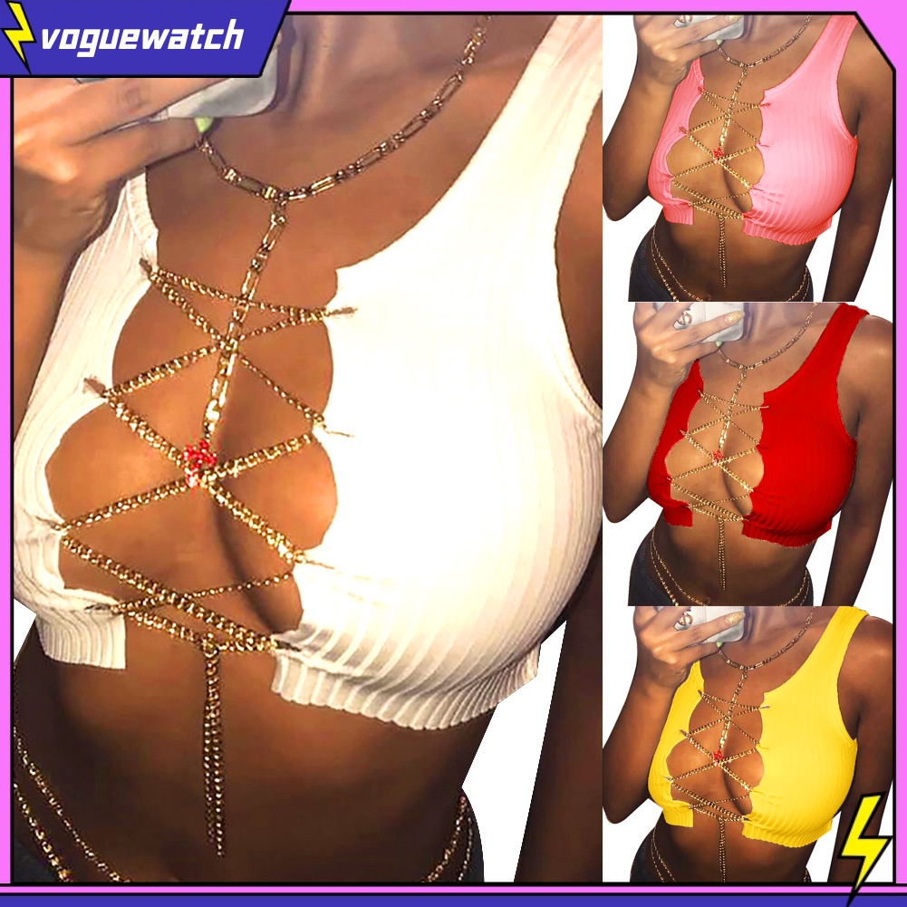 (Voguewatch) Áo Croptop Sát Nách Phối Dây Xích Điều Chỉnh Được Quyến Rũ Cho Nữ