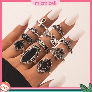 MICMICELL| Set nhẫn hợp kim đính đá đen hình trái tim và động vật  phong cách Boho ấn tượng