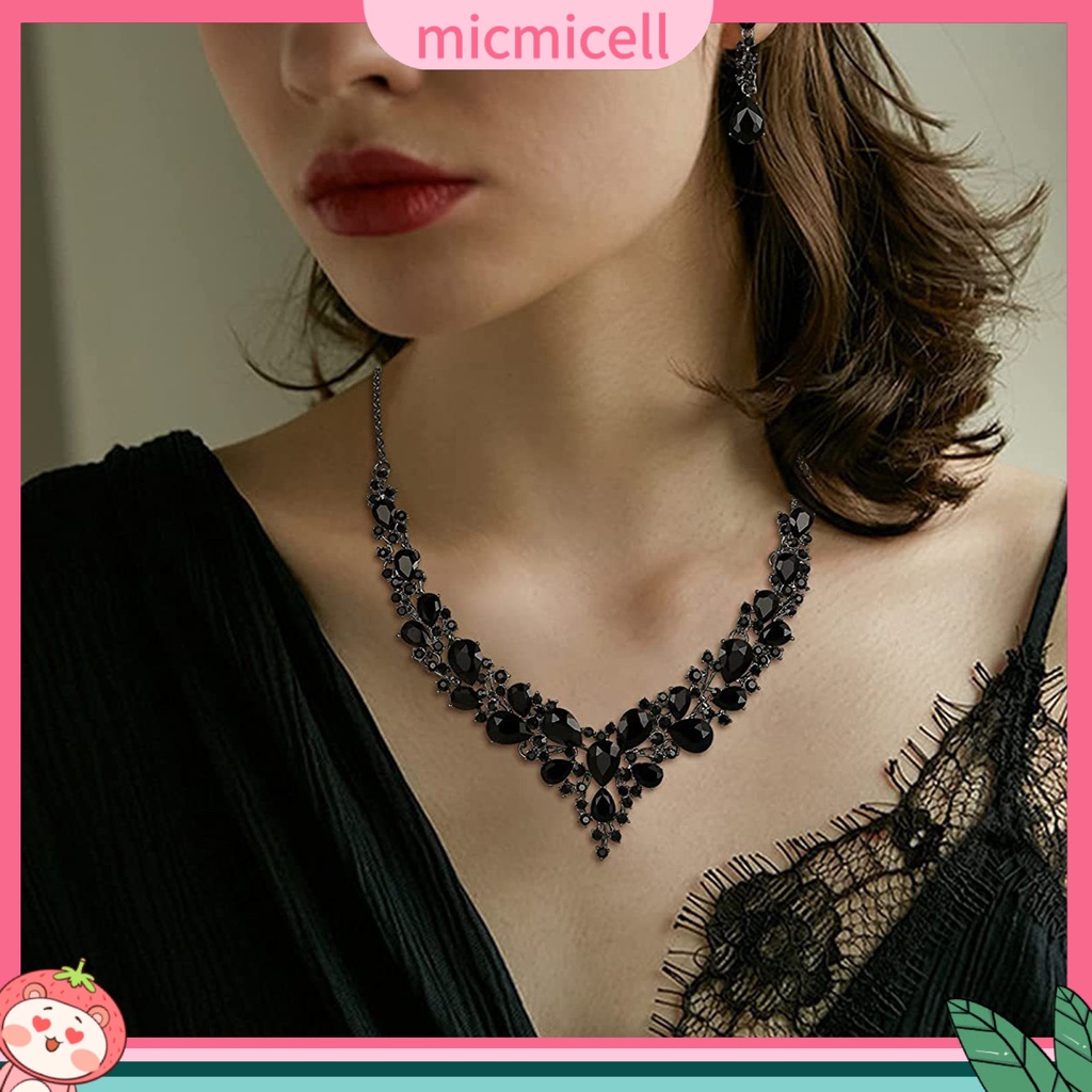 MICMICELL| Set Vòng cổ Và Đôi Khuyên Tai Đính Đá Nhân Tạo Thời Trang Thanh Lịch Dành Cho Nữ