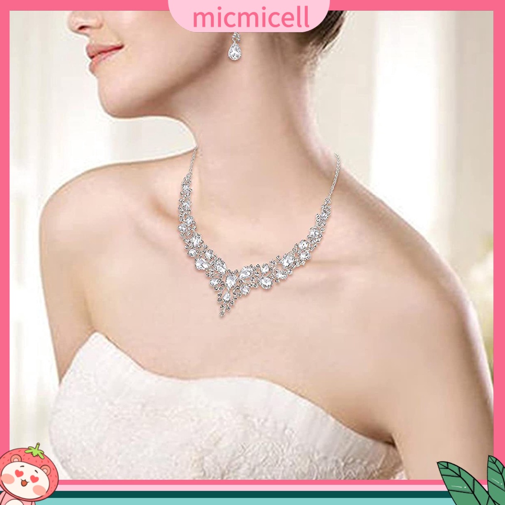 MICMICELL| Set Vòng cổ Và Đôi Khuyên Tai Đính Đá Nhân Tạo Thời Trang Thanh Lịch Dành Cho Nữ
