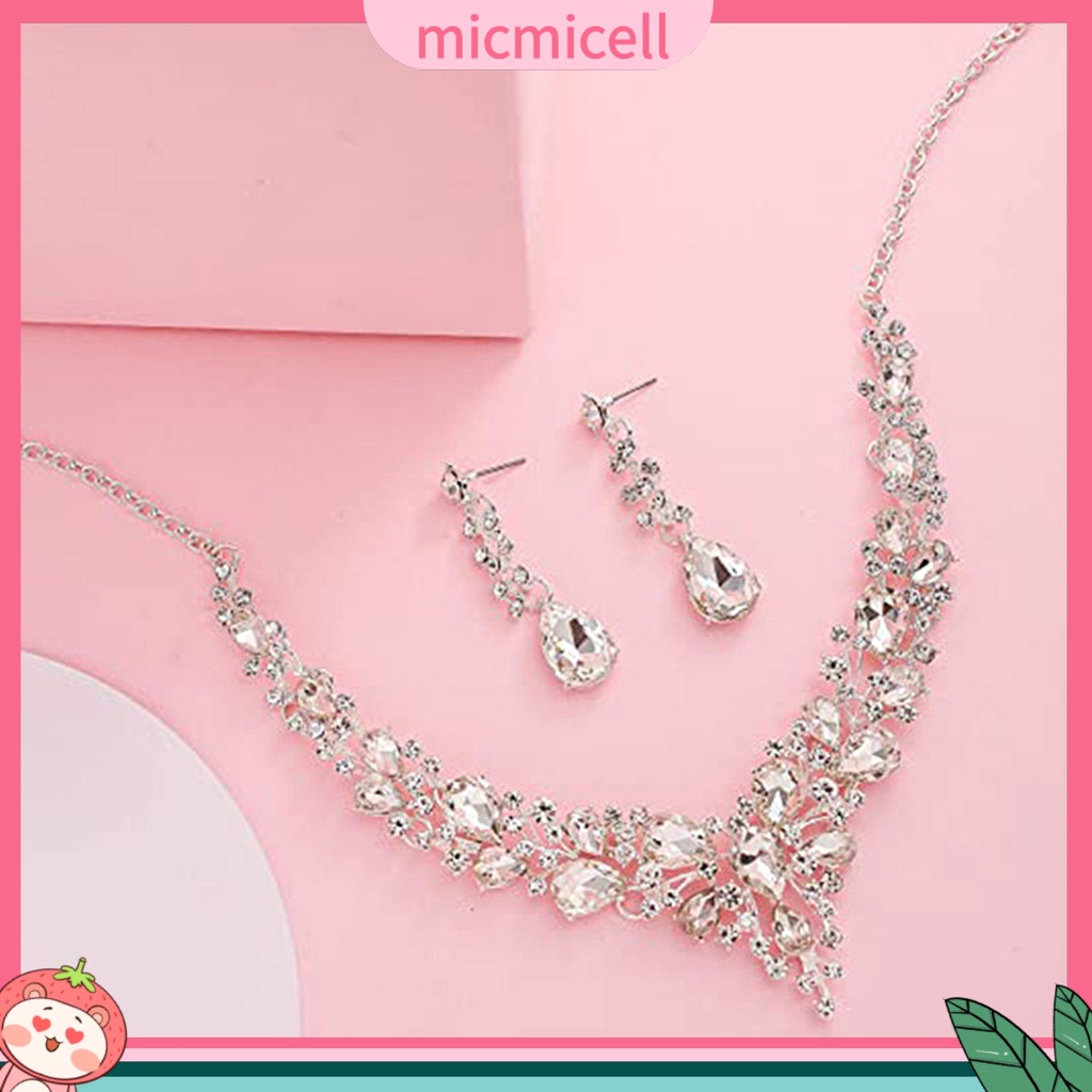 MICMICELL| Set Vòng cổ Và Đôi Khuyên Tai Đính Đá Nhân Tạo Thời Trang Thanh Lịch Dành Cho Nữ