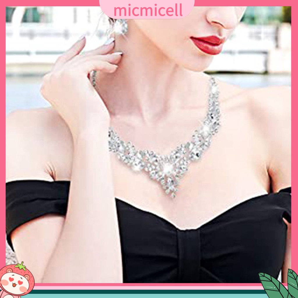 MICMICELL| Set Vòng cổ Và Đôi Khuyên Tai Đính Đá Nhân Tạo Thời Trang Thanh Lịch Dành Cho Nữ