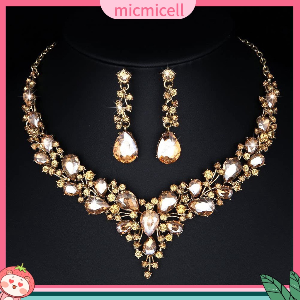 MICMICELL| Set Vòng cổ Và Đôi Khuyên Tai Đính Đá Nhân Tạo Thời Trang Thanh Lịch Dành Cho Nữ