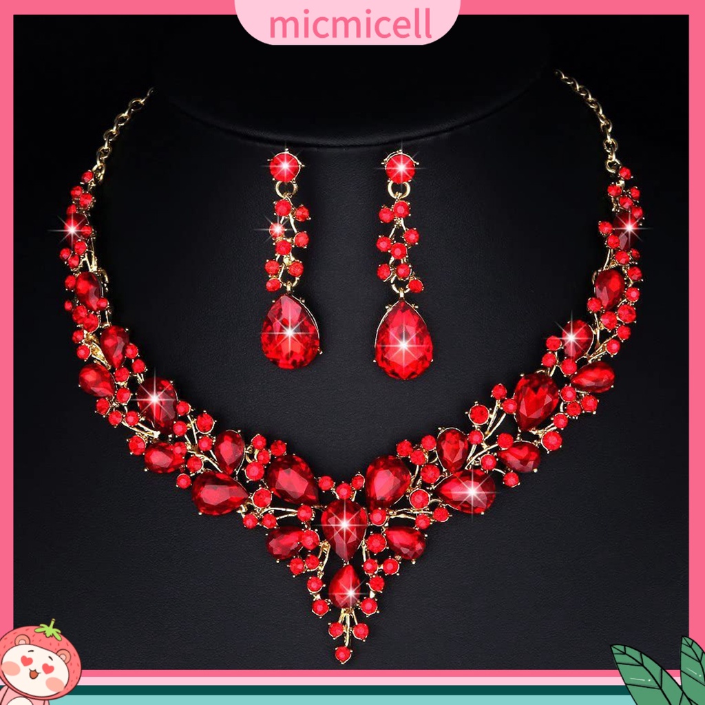 MICMICELL| Set Vòng cổ Và Đôi Khuyên Tai Đính Đá Nhân Tạo Thời Trang Thanh Lịch Dành Cho Nữ