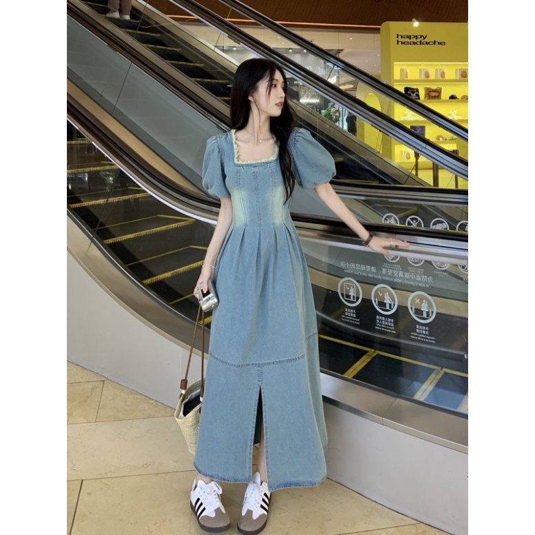 Váy bò dài tay phồng xẻ tà, đầm bò xanh cổ vuông TULIP CLOTHES ORDER 1-2 tuần