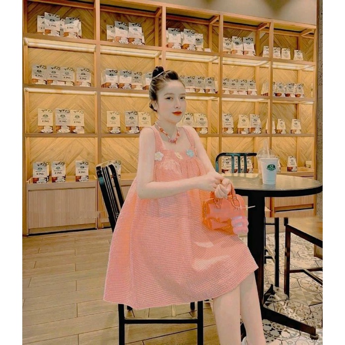 ￼Đầm babydoll phối hoa váy xoè Ulzzang siêu dễ thương cao cấp chuẩn đẹp phi size bầu bí bon chen được