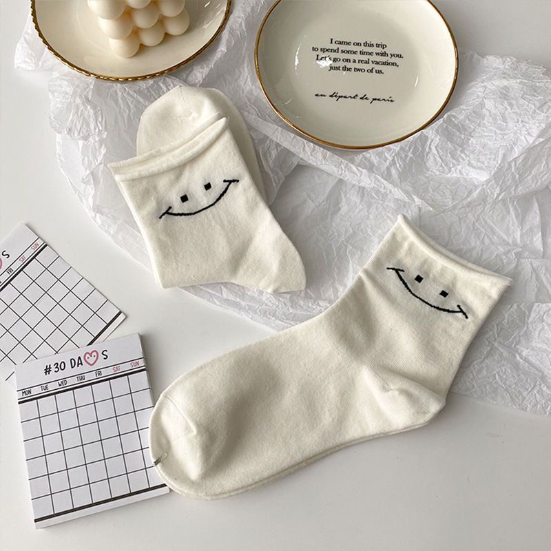 Vớ Cổ Trung Màu Trắng In Họa Tiết Mặt Cười Hoạt Hình Dễ Thương Thời Trang Mùa Hè Cho Học Sinh