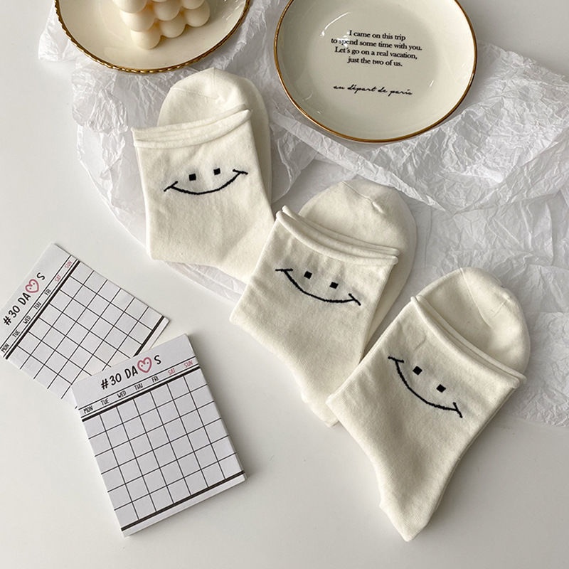 Vớ Cổ Trung Màu Trắng In Họa Tiết Mặt Cười Hoạt Hình Dễ Thương Thời Trang Mùa Hè Cho Học Sinh