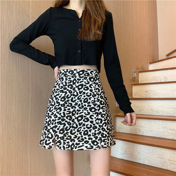 Jiashucheng Chân Váy Lưng Cao Xẻ Tà In Họa Tiết Da Báo Phong Cách Mới Cho Nữ