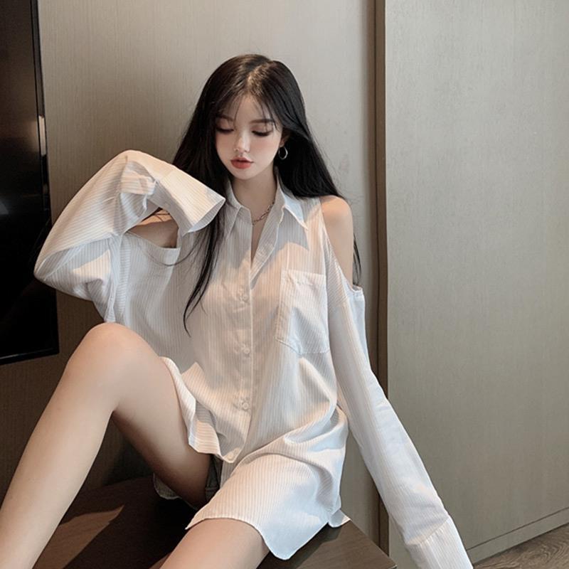 Áo Sơ Mi Dài Tay Trễ Vai Họa Tiết Sọc Thời Trang Dành Cho Nữ