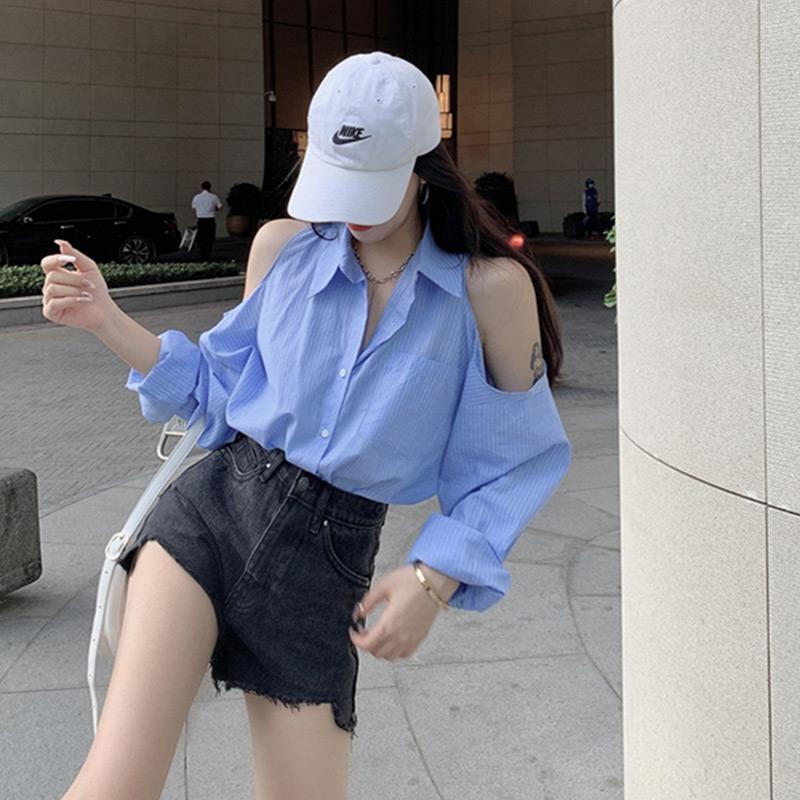 Áo Sơ Mi Dài Tay Trễ Vai Họa Tiết Sọc Thời Trang Dành Cho Nữ