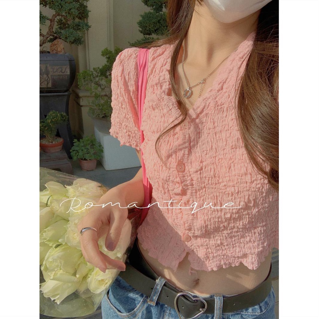 Jiashucheng Niche Áo Ngắn Tay Cổ Chữ V Xếp Ly Ôm Dáng Phong Cách Mới Cho Nữ