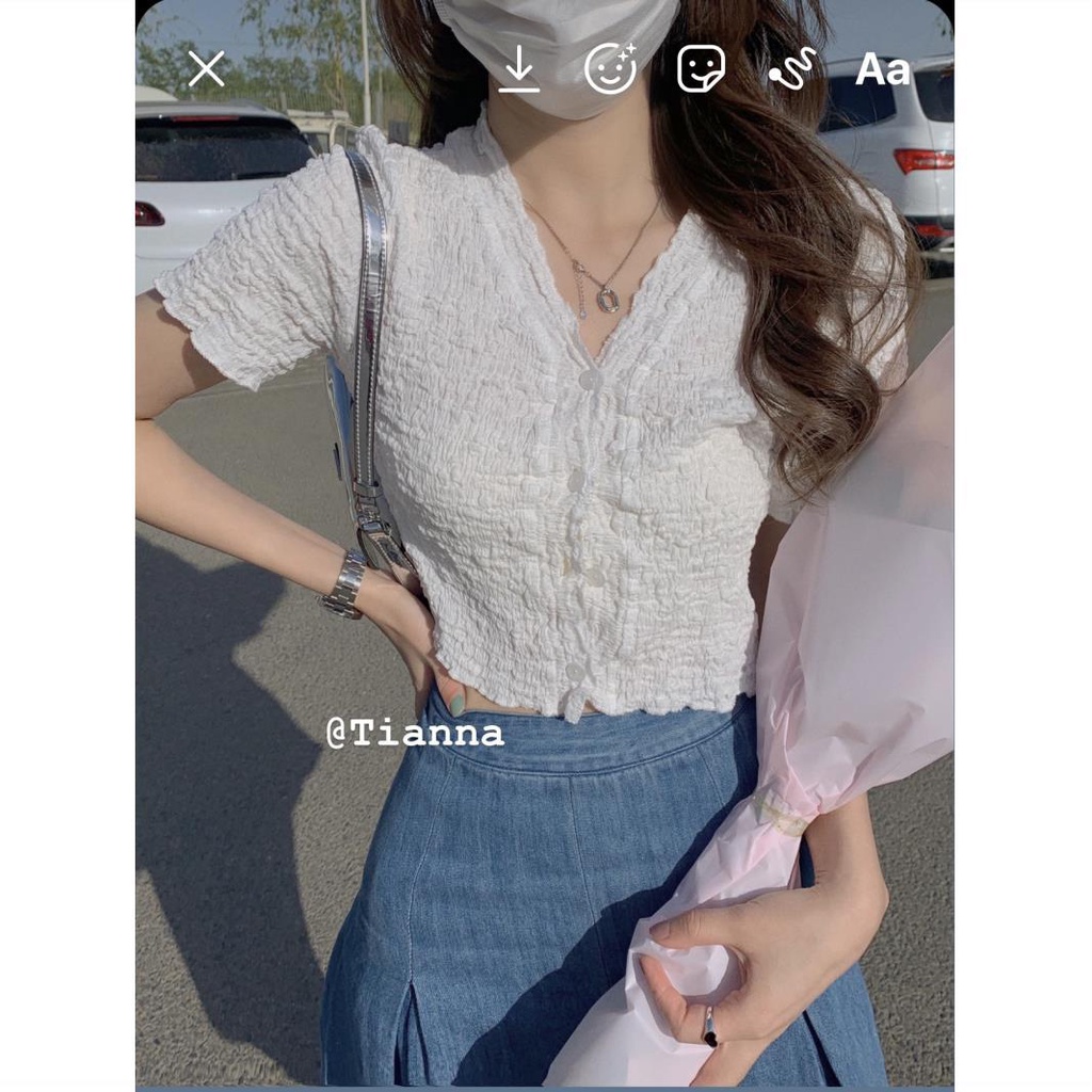 Jiashucheng Niche Áo Ngắn Tay Cổ Chữ V Xếp Ly Ôm Dáng Phong Cách Mới Cho Nữ