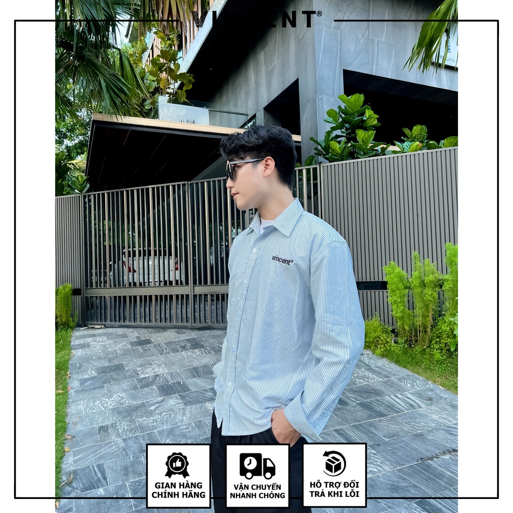 Áo sơ mi Tay dài thêu logo Vincent Oxford Sọc Xanh/Sọc xám | BigBuy360 - bigbuy360.vn