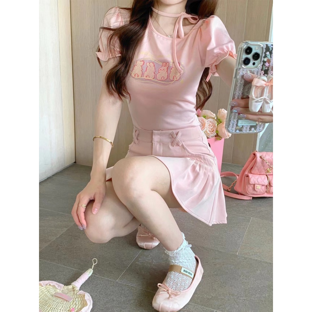 Jiashucheng Áo Thun Tay Ngắn Dáng Ôm Cột Dây Thời Trang Mùa Hè Phong Cách Mới Cho Nữ