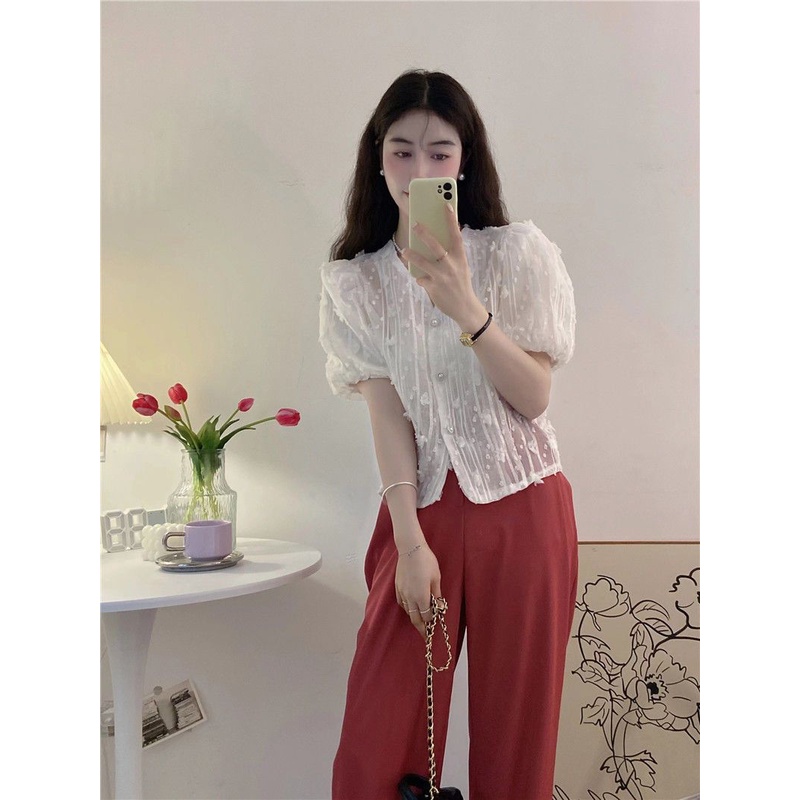 Jiashucheng Áo Sơ Mi Ngắn Ba Chiều Cổ Chữ V Tay Phồng In Hoa Phong Cách Pháp Ngọt Ngào Cho Nữ @