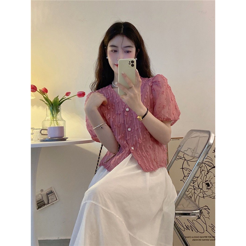 Jiashucheng Áo Sơ Mi Ngắn Ba Chiều Cổ Chữ V Tay Phồng In Hoa Phong Cách Pháp Ngọt Ngào Cho Nữ @