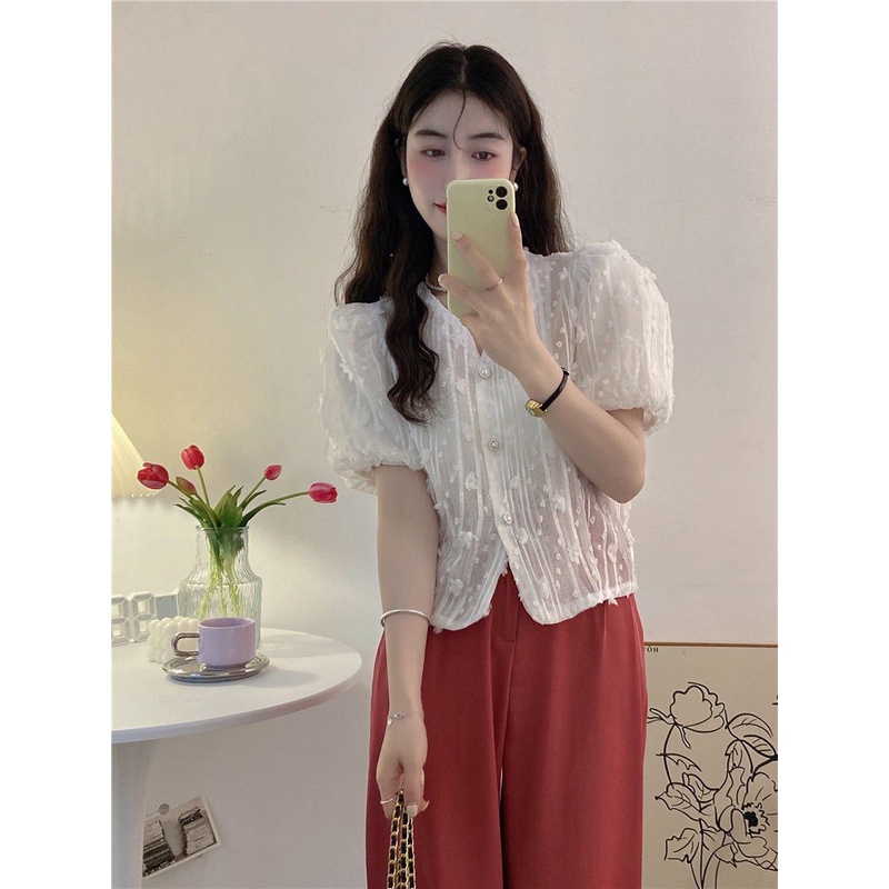 Jiashucheng Áo Sơ Mi Ngắn Ba Chiều Cổ Chữ V Tay Phồng In Hoa Phong Cách Pháp Ngọt Ngào Cho Nữ @