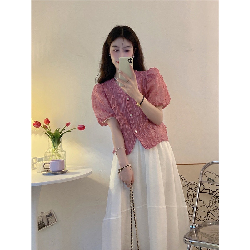 Jiashucheng Áo Sơ Mi Ngắn Ba Chiều Cổ Chữ V Tay Phồng In Hoa Phong Cách Pháp Ngọt Ngào Cho Nữ @