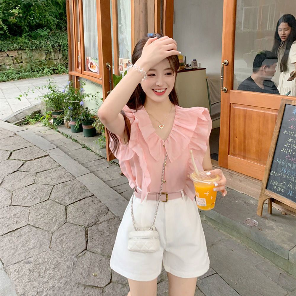 Jiashucheng Áo Sơ Mi Tay Cánh Tiên Phong Cách Ngọt Ngào Dễ Phối Đồ Thời Trang Mùa Hè Cho Nữ