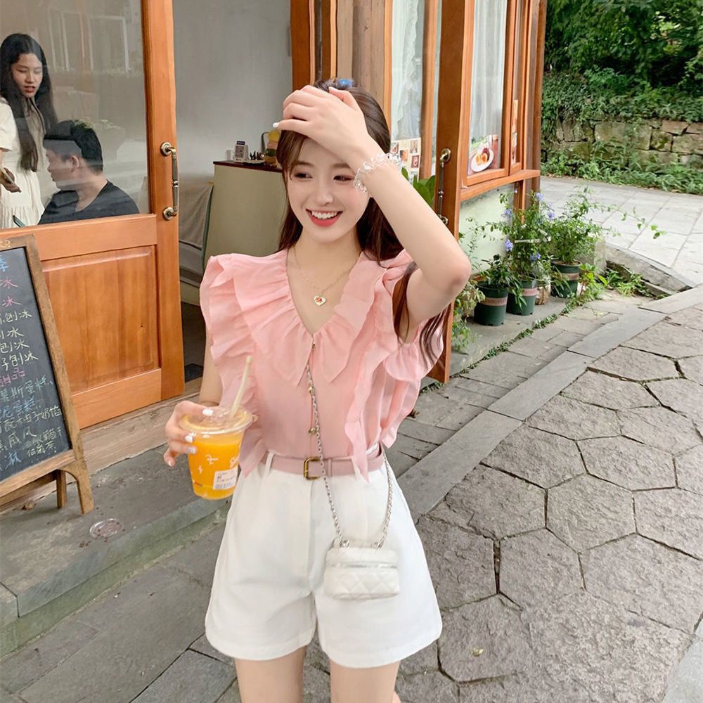 Jiashucheng Áo Sơ Mi Tay Cánh Tiên Phong Cách Ngọt Ngào Dễ Phối Đồ Thời Trang Mùa Hè Cho Nữ