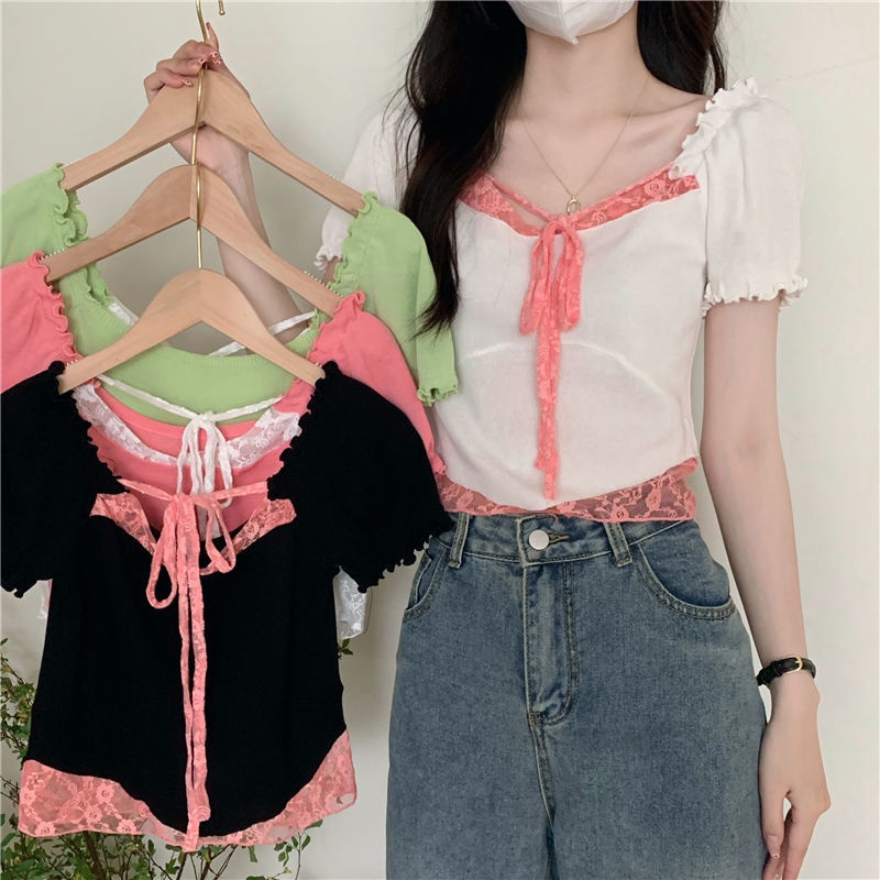 Jiashucheng Áo Thun Tay Ngắn Phồng Cột Dây Giả Hai Mảnh Phong Cách Ngọt Ngào Thời Trang Mới Dành Cho Bạn Nữ