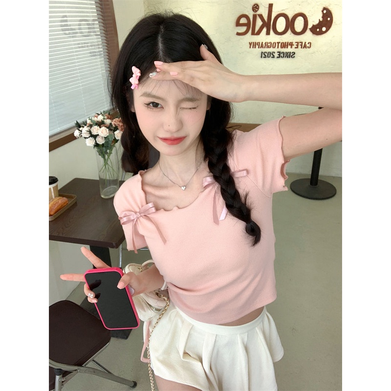 Jiashucheng Áo Sơ Mi Tay Lửng Cột Dây Màu Hồng Trơn Phong Cách Desire Mới Cho Nữ