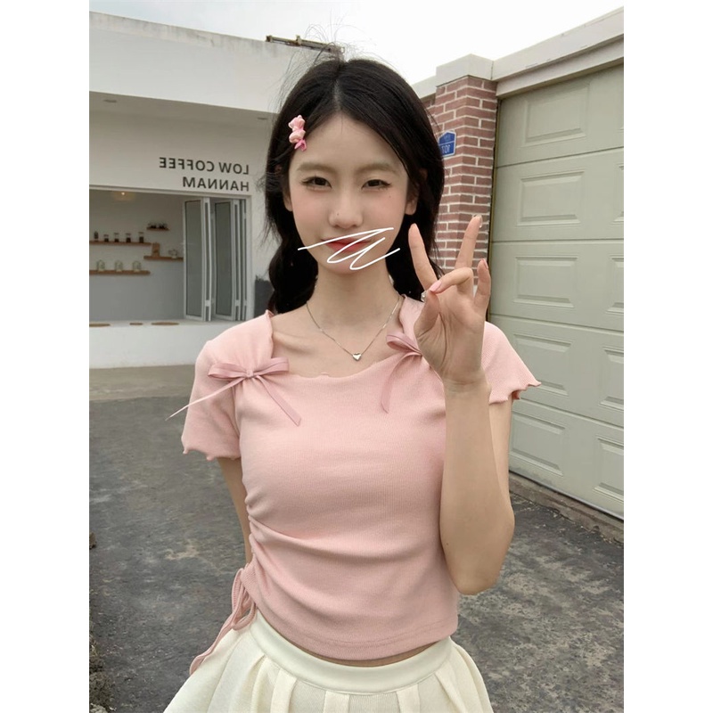 Jiashucheng Áo Sơ Mi Tay Lửng Cột Dây Màu Hồng Trơn Phong Cách Desire Mới Cho Nữ