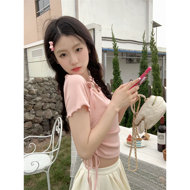 Jiashucheng Áo Sơ Mi Tay Lửng Cột Dây Màu Hồng Trơn Phong Cách Desire Mới Cho Nữ