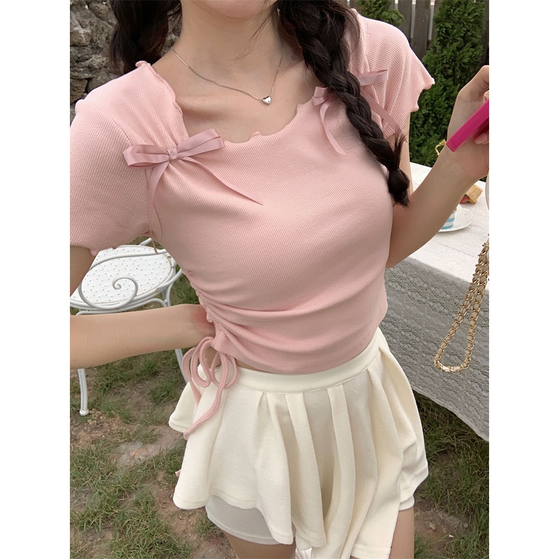 Jiashucheng Áo Sơ Mi Tay Lửng Cột Dây Màu Hồng Trơn Phong Cách Desire Mới Cho Nữ