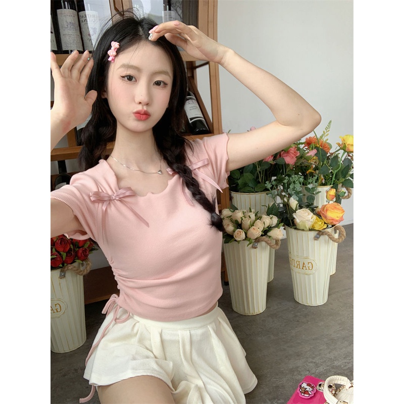 Jiashucheng Áo Sơ Mi Tay Lửng Cột Dây Màu Hồng Trơn Phong Cách Desire Mới Cho Nữ