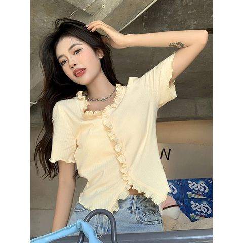 Jiashucheng Plus Size Áo Thun Tay Ngắn Màu Xanh Lam Dáng Ôm Không Đồng Đều Thời Trang Mùa Hè Kích Thước Lớn MM Mới Cho Nữ Edge