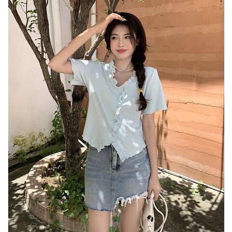 Jiashucheng Plus Size Áo Thun Tay Ngắn Màu Xanh Lam Dáng Ôm Không Đồng Đều Thời Trang Mùa Hè Kích Thước Lớn MM Mới Cho Nữ Edge