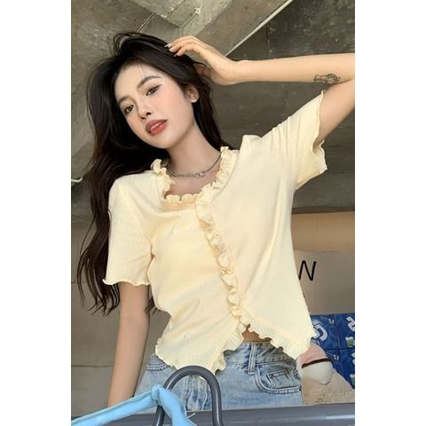 Jiashucheng Plus Size Áo Thun Tay Ngắn Màu Xanh Lam Dáng Ôm Không Đồng Đều Thời Trang Mùa Hè Kích Thước Lớn MM Mới Cho Nữ Edge