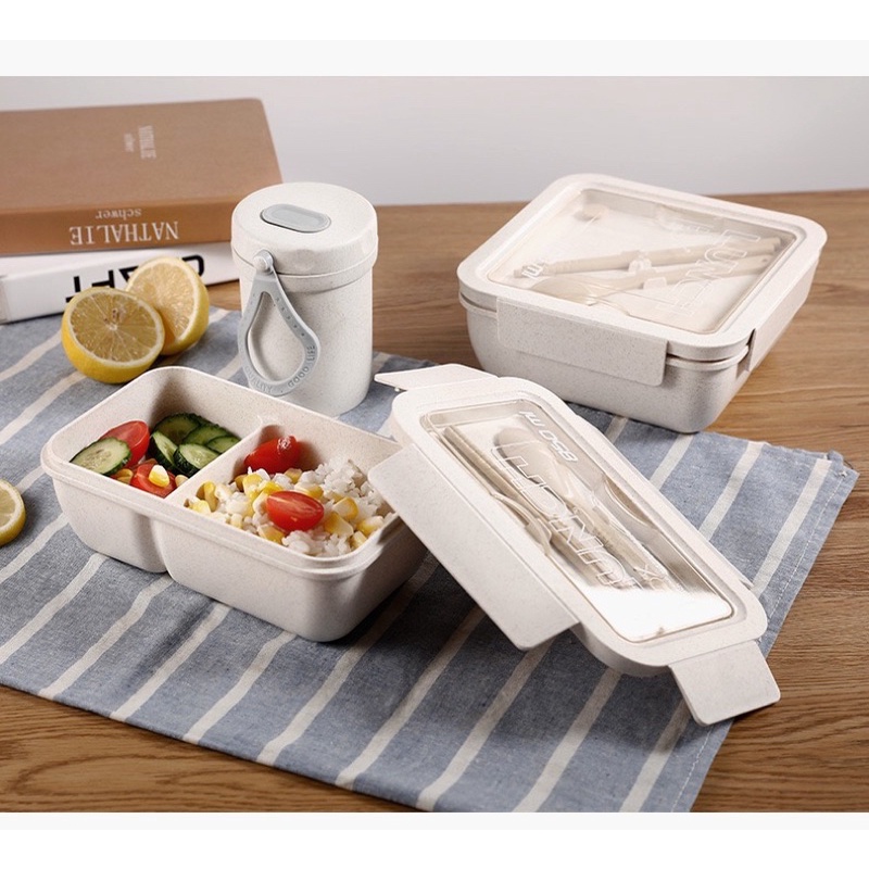 Hộp Cơm Vuông Đựng Giữ Nhiệt Lúa Mạch 2 Ngăn Lunch Box Tặng Kèm Bộ Đũa Thìa
