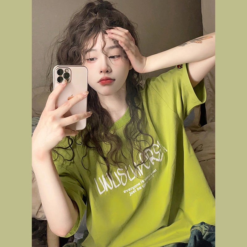 Jiashucheng Áo Thun Tay Ngắn Dáng Rộng Màu Xanh Bơ Nhẹ Nhàng Phong Cách Mới Cho Nữ