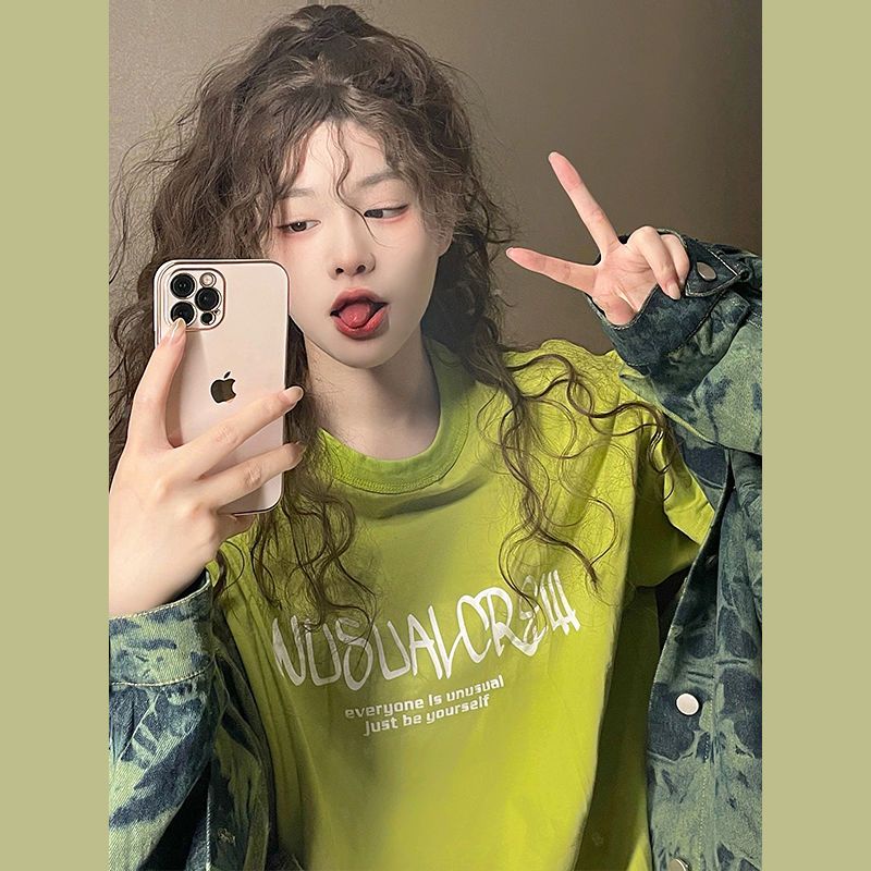 Jiashucheng Áo Thun Tay Ngắn Dáng Rộng Màu Xanh Bơ Nhẹ Nhàng Phong Cách Mới Cho Nữ