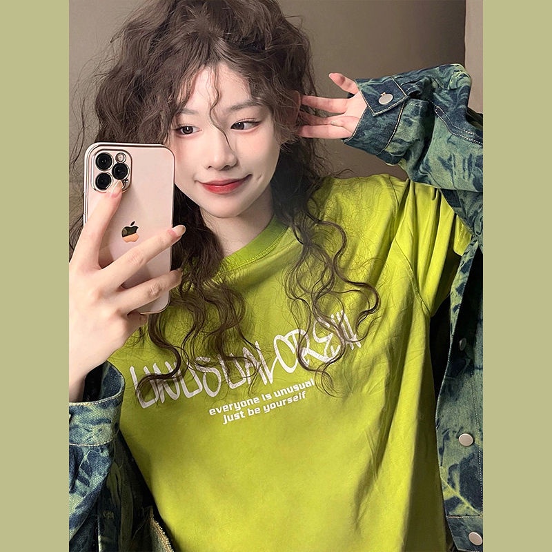 Jiashucheng Áo Thun Tay Ngắn Dáng Rộng Màu Xanh Bơ Nhẹ Nhàng Phong Cách Mới Cho Nữ