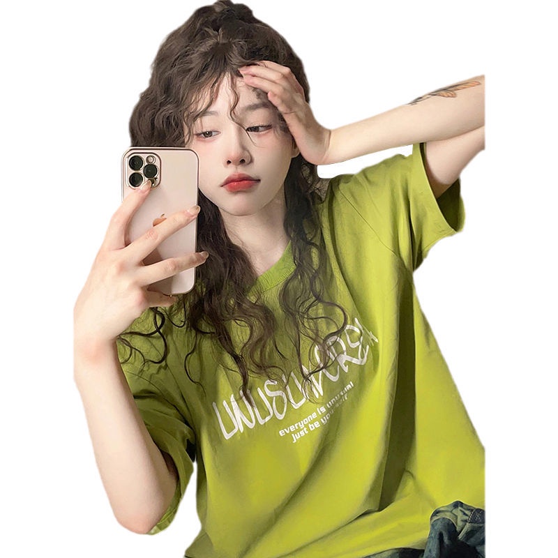 Jiashucheng Áo Thun Tay Ngắn Dáng Rộng Màu Xanh Bơ Nhẹ Nhàng Phong Cách Mới Cho Nữ