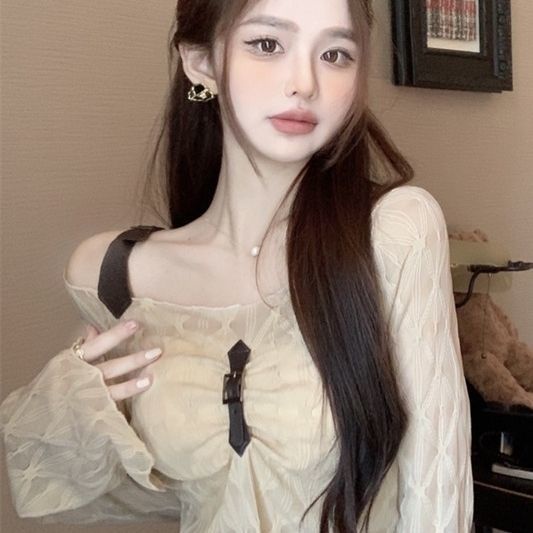 Jiashucheng Áo Thun Tay Dài Hở Vai Sang Trọng Cao Cấp Phong Cách Mới Cho Nữ