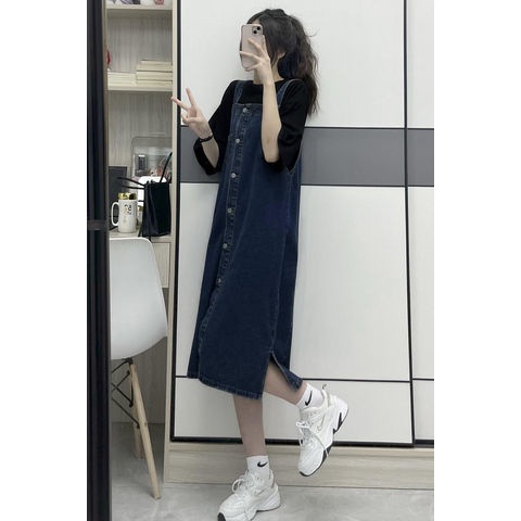 Jiashucheng Đầm Yếm Denim Dáng Rộng Dài Qua Gối Phong Cách Hàn Quốc Mới Cho Nữ