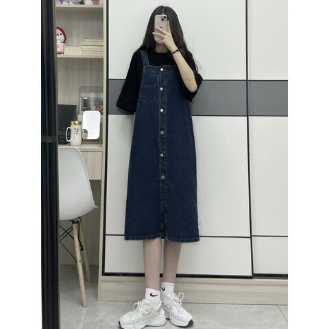 Jiashucheng Đầm Yếm Denim Dáng Rộng Dài Qua Gối Phong Cách Hàn Quốc Mới Cho Nữ